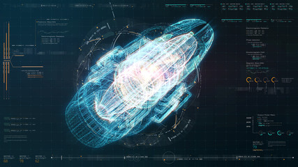 Leinwandbilder - Advance motion graphic futuristic user interface head up display screen with Holographic electromagnetic machine with gravitational fields energy particles wave and digital data telemetry information 