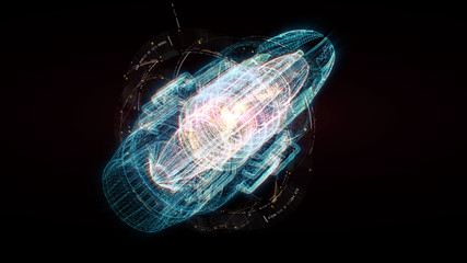 Poster - Advance motion graphic futuristic user interface head up display screen with Holographic electromagnetic machine with gravitational fields energy particles wave and digital data telemetry information 