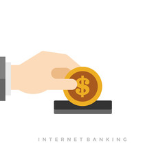 Poster - Business man hand holding money coin and dollar icon flat vector illustration