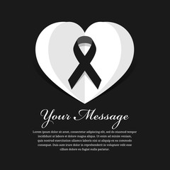 Wall Mural - funeral banner with black ribbon in white heart paper on black background vector design