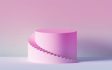 Poster - 3d render, pink spiral stairs, steps, cylinder, abstract background in pastel colors, minimal scene