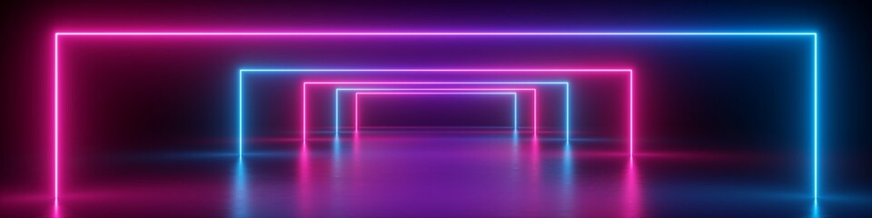 Wall Mural - 3d render, abstract panoramic background, neon light, glowing lines, geometric shapes, ultraviolet s
