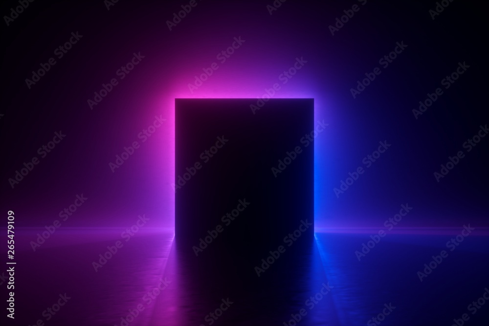 3d render, blue pink neon square frame, empty space, ultraviolet light, 80's retro style, fashion show stage, abstract background - obrazy, fototapety, plakaty 