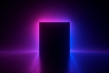 3d Render, Blue Pink Neon Square Frame, Empty Space, Ultraviolet Light, 80's Retro Style, Fashion Show Stage, Abstract Background