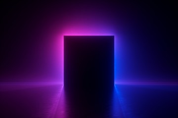 Wall Mural - 3d render, blue pink neon square frame, empty space, ultraviolet light, 80's retro style, fashion show stage, abstract background