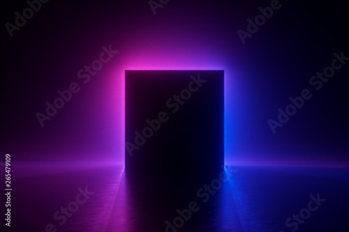 Plakat 3d render, niebieski różowy neon kwadratowa ramka, pusta przestrzeń, światło ultrafioletowe, styl retro lat 80-tych, pokaz mody, abstrakcyjne tło