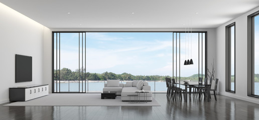 Poster - View of white living room in minimal style with black and white furniture on dark laminate floor.Interior design with TV and sofa set on sea background. 3d rendering.	
