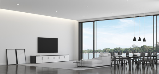 Aufkleber - View of white living room in minimal style with black and white furniture on dark laminate floor.Interior design with TV and sofa set on sea background. 3d rendering.	