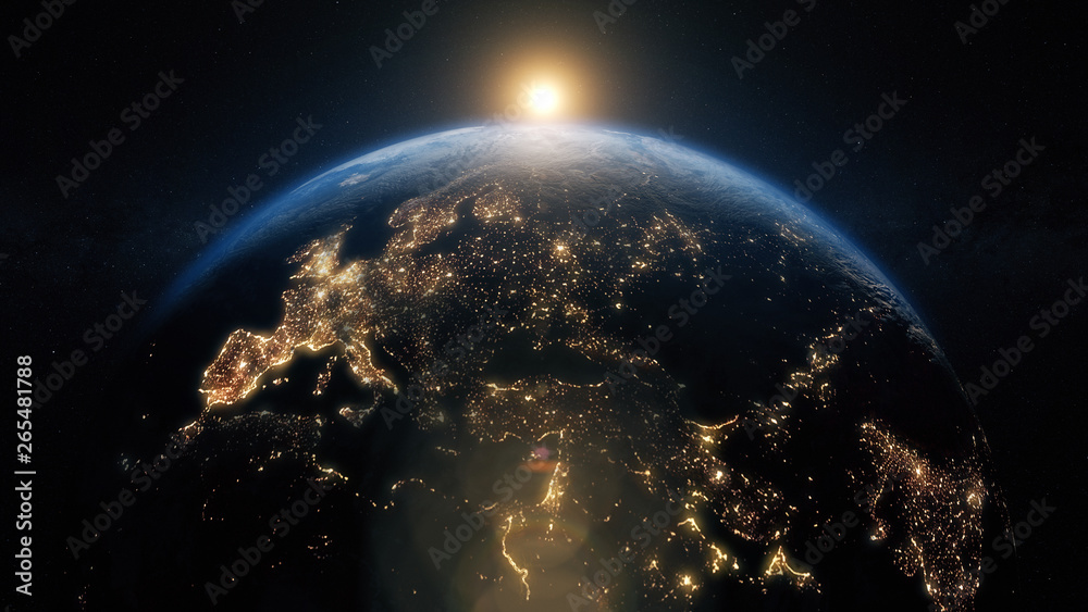 Planet earth from space. Beautiful sunrise world skyline. Illustration contains space, planet, galaxy, stars, cosmos, sea, earth, sunset, globe. 3d illustration. Images from NASA - obrazy, fototapety, plakaty 