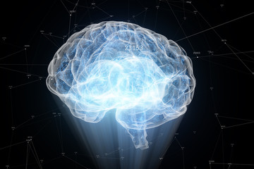 Poster - the human brain rotates formed of luminous particles. plexus structure revolving around. 3d illustra