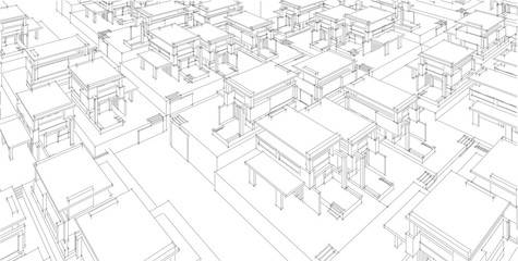 3D illustration architecture building perspective lines.