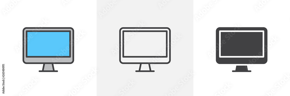 Computer monitor icon. Line, glyph and filled outline colorful version, Monitor Display Screen outline and filled vector sign. Symbol, logo illustration. Different style icons set. Vector graphics - obrazy, fototapety, plakaty 