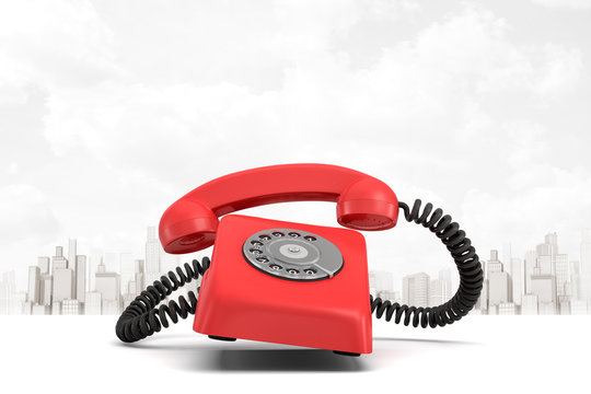 3d rendering of red retro telephone on white city skyscrapers background