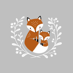 Wall Mural - Cute hand drawn vector foxes in wreath. Perfect for tee shirt logo, greeting card, poster, invitation or print design. 