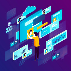 Vector concept illustration -  site creation process. Modern bright banner template with place for your text.