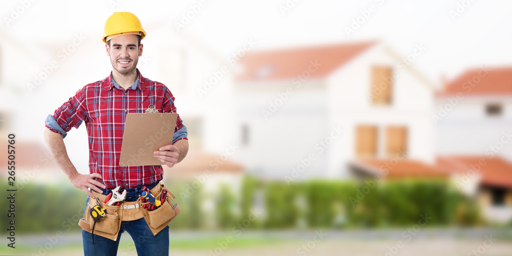 construction worker or professional with tools - obrazy, fototapety, plakaty 