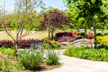 Atlanta, USA Historic Fourth Ward skatepark skate park in Georgia downtown with green and red trees plants in scenic urban city greenspace