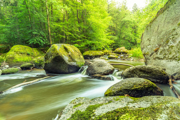 Beautiful river in forest nature. Peaceful toned nature background, landscape with mountains, forest and a river in front. beautiful scenery