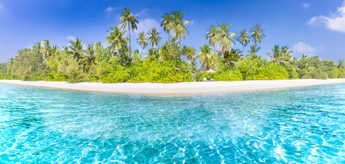 Paradise beach scenery, palms and blue sea, luxury travel destination, tropical summer vacation mood, beach holiday