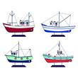 Four toy fishing boats