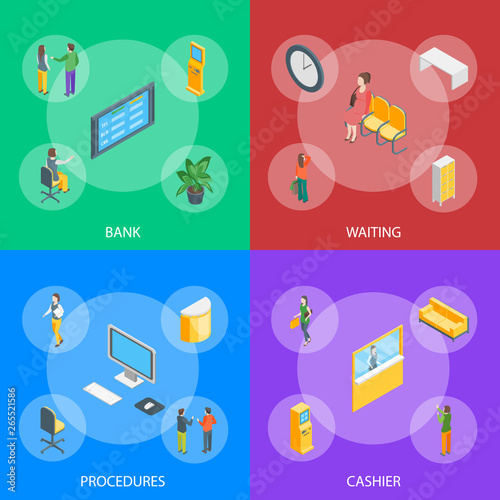 Bank Office Element Interior Banner Set Isometric View Vector
