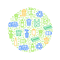 Poster - Trash Garbage Related Signs Thin Line Round Design Template. Vector