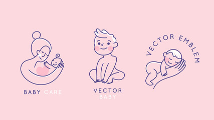 vector logo design templates and emblems in simple line style - happy baby and mother