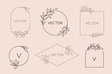 Vector Logo Design Template And Monogram Concept In Trendy Linear Style - Floral Frame With Copy Space For Text Or Letter