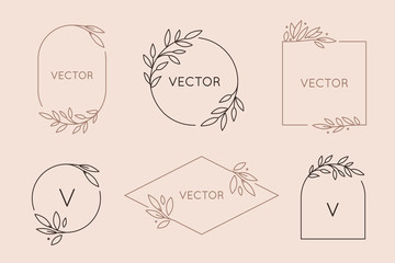 vector logo design template and monogram concept in trendy linear style - floral frame with copy spa