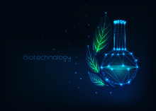 Futuristic Biotechnology Concept With Glowing Low Polygonal Chemical Beaker And Green Leaves.