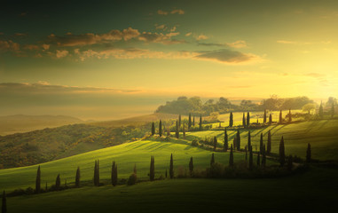 Wall Mural - summer farmland and country road;  tuscany countryside rolling hills