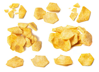 Set of tasty crispy potato chips isolated on white background