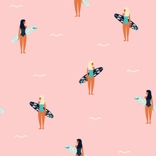 Seamless Pattern With Girl And Surfboard. Summer Trendy Print. Vector Hand Drawn Illustration.