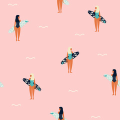 Seamless pattern with girl and surfboard. Summer trendy print. Vector hand drawn illustration.