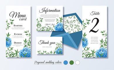 Wedding floral personal menu, information, table number card design set with elegant blue peony flowers, natural branches, green leaves, herbs. Romantic rustic set. Vector decorative elegant. 