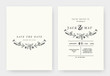 © momosama - Minimalist wedding invitation card template design, floral black line art ink drawing wreath on light grey