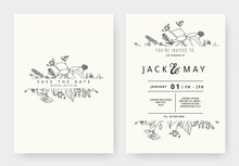 Minimalist Wedding Invitation Card Template Design, Floral Black Line Art Ink Drawing With Label On Light Grey