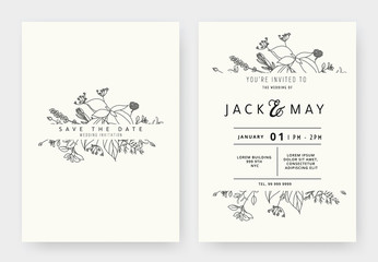 minimalist wedding invitation card template design, floral black line art ink drawing with label on 