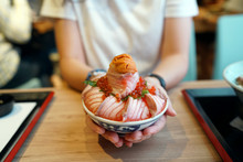 Aburi Salmon, Ikura And Uni Donburi - Japanese Rice Bowl Topped With Grilled Salmon, Sea Urchin Roe And Salmon Roe, Japanese Traditional Food.