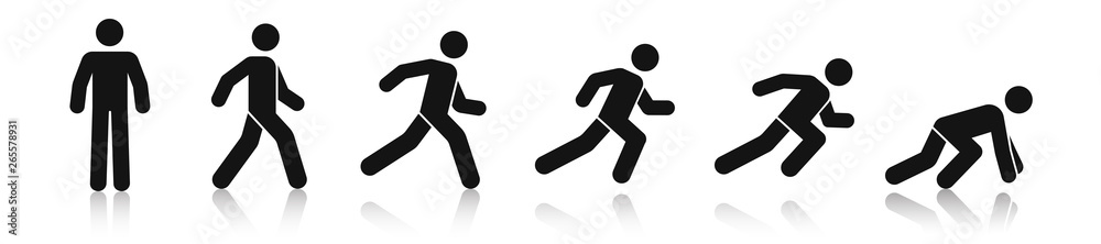 Stick figure walk and run. Running animation. Posture stickman. People icons set. Man in different poses and positions. Black silhouette. Simple cute modern design. Flat style vector illustration. - obrazy, fototapety, plakaty 