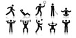 © Ihor - Stick figure sports. Posture stickman. People sport icons set. Man in different poses and positions, doing exercises. Black silhouette. Simple cute modern design. Flat style vector illustration.