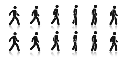 stick figure walk. walking animation. posture stickman. people icons set. man in different poses and