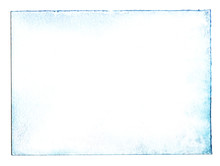 Abstract Background. Texture Of Loose White Paper Tinted On The Edges Of Blue Watercolor. Made By Hands. Scanned In High Resolution.