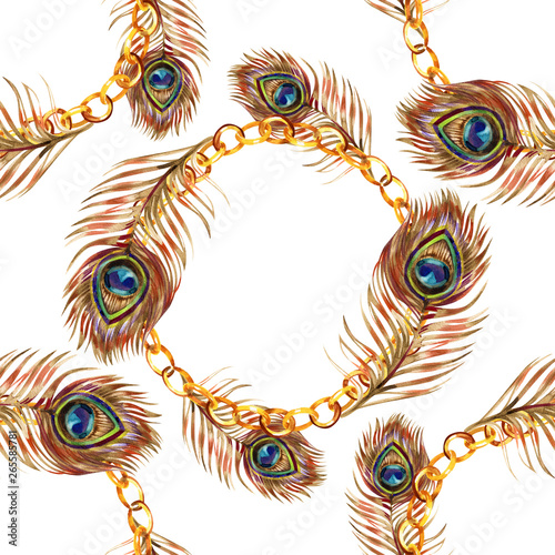 Stoffe zum Nähen Seamless watercolor pattern with gold peacock feathers