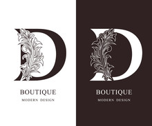 Elegant Capital Letter D. Graceful Royal Style. Calligraphic Beautiful Logo. Vintage Floral Drawn Emblem For Book Design, Brand Name, Business Card, Restaurant, Boutique, Hotel. Vector Illustration