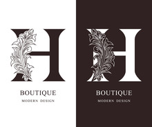 Elegant Capital Letter H. Graceful Royal Style. Calligraphic Beautiful Logo. Vintage Floral Drawn Emblem For Book Design, Brand Name, Business Card, Restaurant, Boutique, Hotel. Vector Illustration