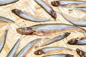 Dried fish drying in the sun on bamboo board, Thai Food.