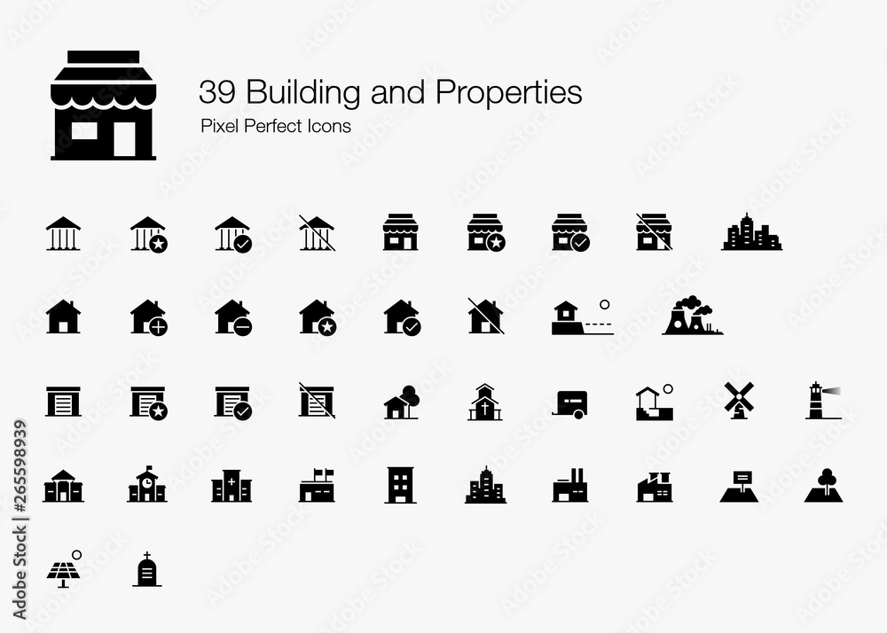 39 Building and Properties Pixel Perfect Icons (Filled Style). Vector ...