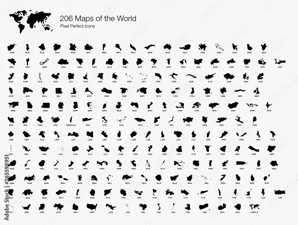 All 206 Complete Countries Map of the World Pixel Perfect Icons (Filled Style). Every single country map are listed and isolated with wordings and titles. A complete maps of the world outline. - obrazy, fototapety, plakaty 