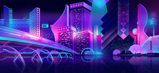 Future metropolis streets night skyline cartoon vector with illuminated blue and violet neon lights futuristic skyscrapers, bridge, subway railroad over city bay illustration. Sci-fi urban background